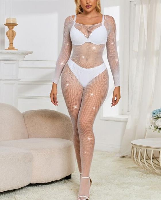 Bodystocking résille avec losanges manches longues blanc Taille Unique SUBBLIME